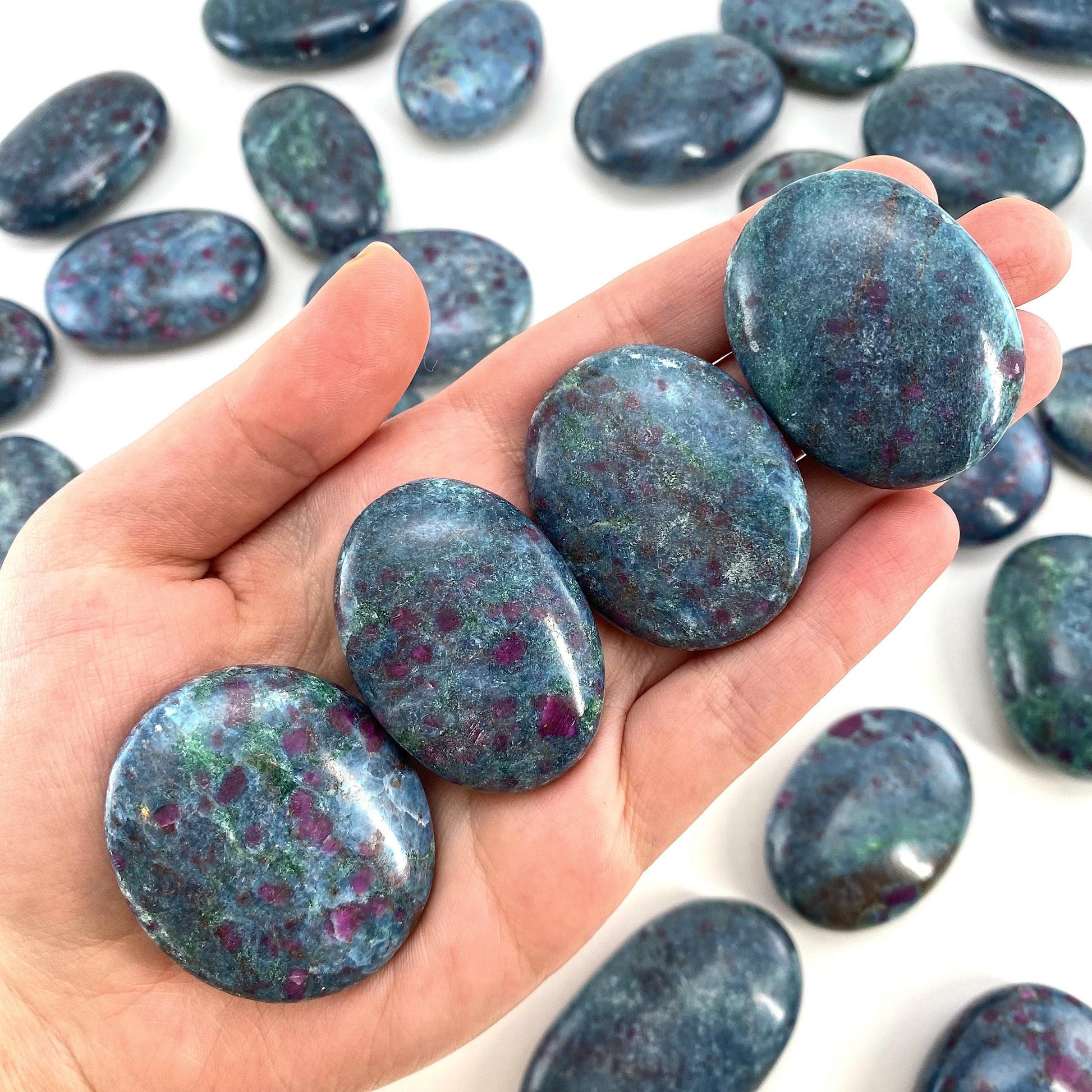 Ruby in Kyanite Palm Stone (UV Reactive) | Ruby Kyanite palmstone, polished Kyanite, crystal palm stone
