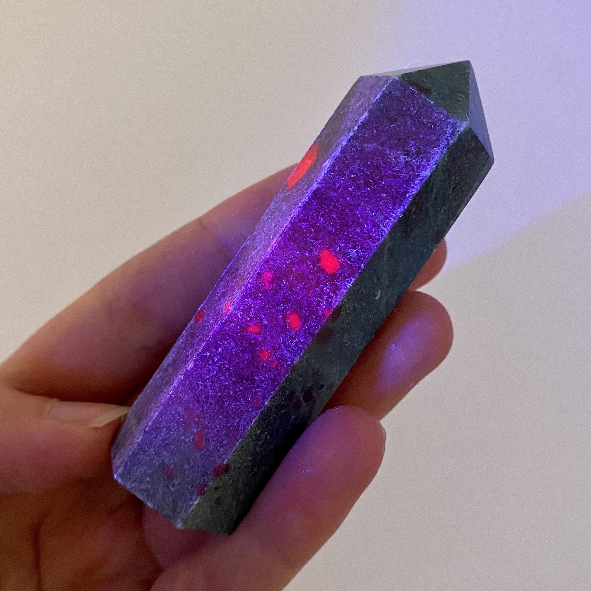 Ruby in Kyanite Point (UV reactive) | Ruby Kyanite tower, crystal point, ruby in kyanite crystal, polished ruby in kyanite