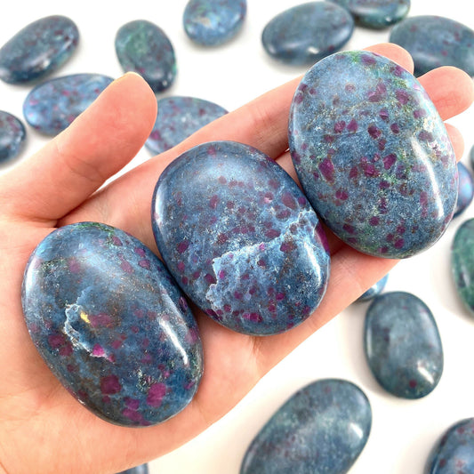 Ruby in Kyanite Palm Stone (UV Reactive) | Ruby Kyanite palmstone, polished Kyanite, crystal palm stone