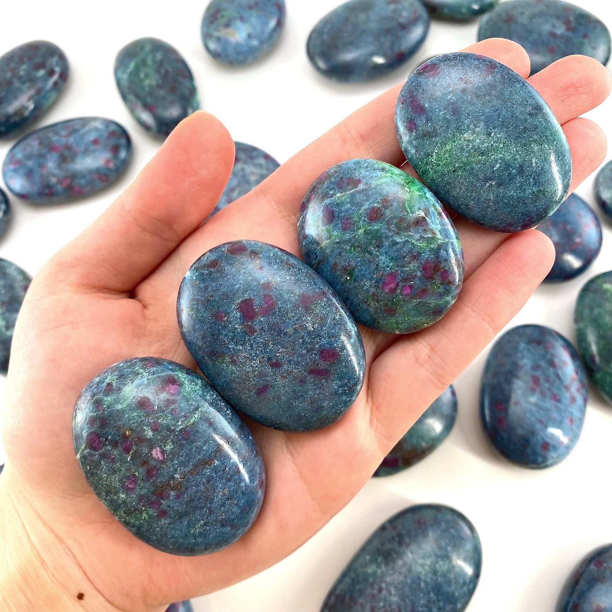 Ruby in Kyanite Palm Stone (UV Reactive) | Ruby Kyanite palmstone, polished Kyanite, crystal palm stone