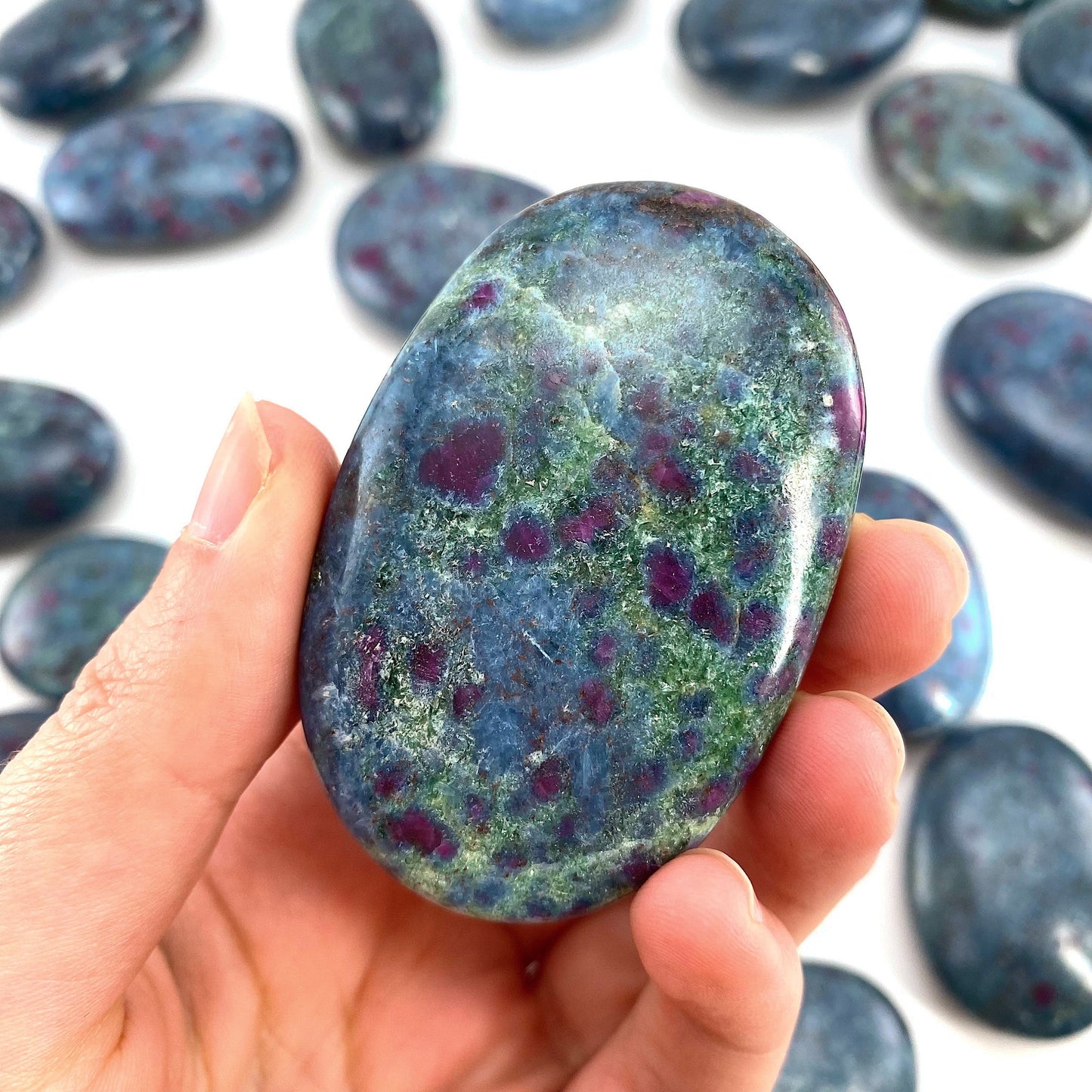 Ruby in Kyanite Palm Stone (UV Reactive) | Ruby Kyanite palmstone, polished Kyanite, crystal palm stone