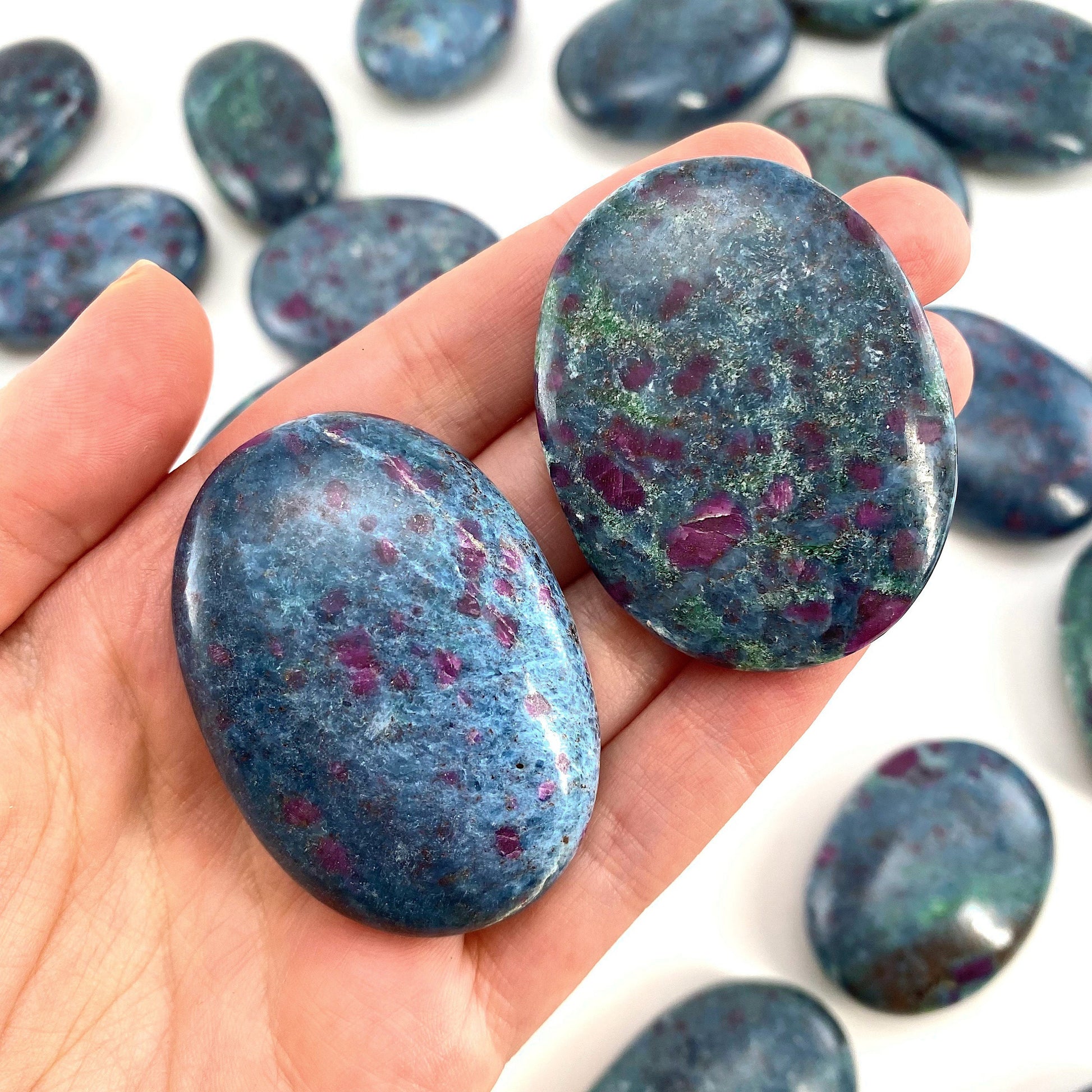 Ruby in Kyanite Palm Stone (UV Reactive) | Ruby Kyanite palmstone, polished Kyanite, crystal palm stone