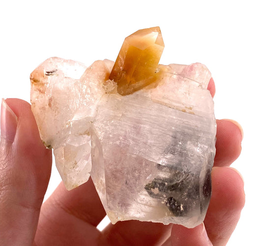 Yellow bone quartz cluster with epidote inclusions (Pakistan) | halloysite quartz, epidote quartz, green epidote, mango quartz