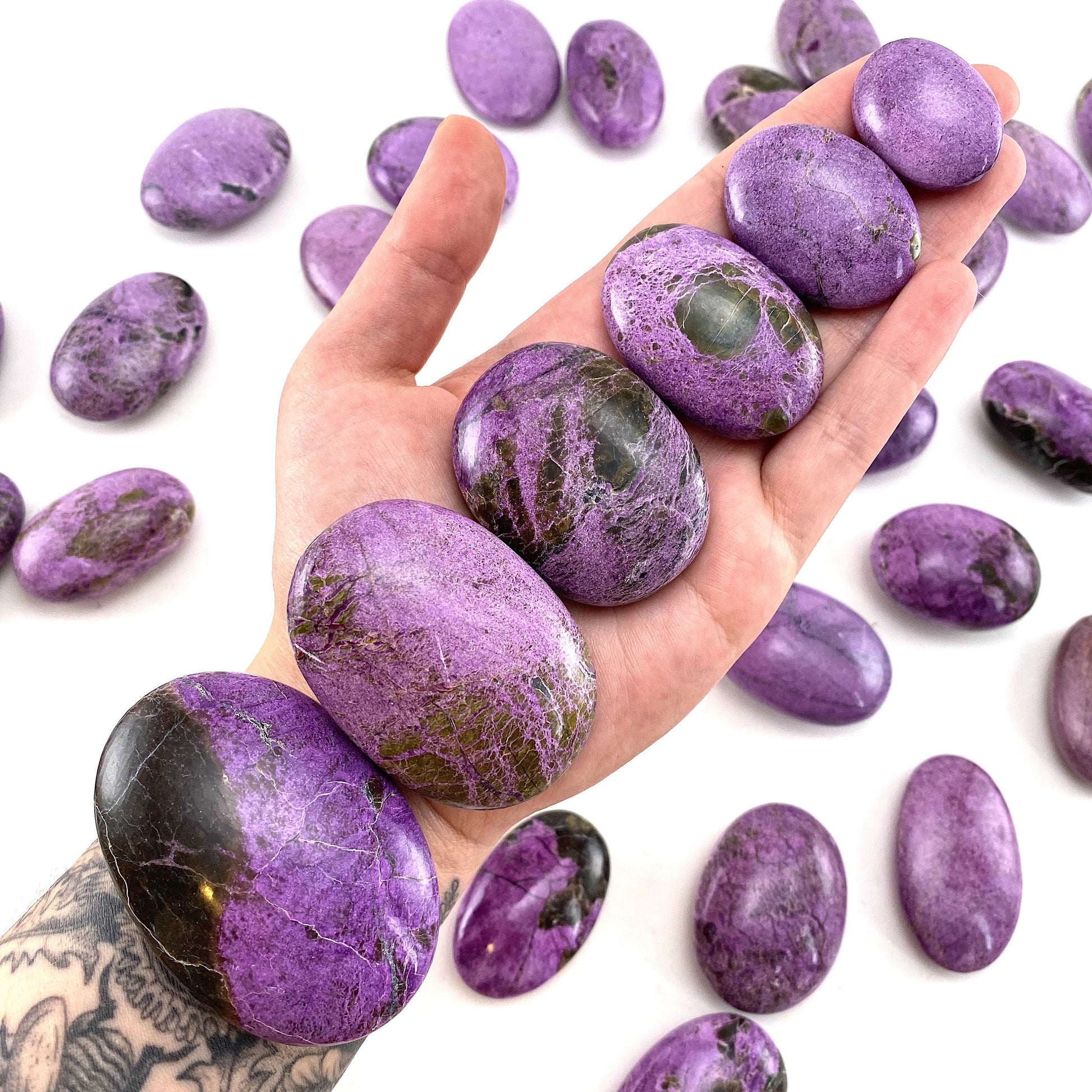Stichtite Palm Stone (South Africa) | purple stichtite, stichtite with serpentine, atlantisite, crystal palm stone
