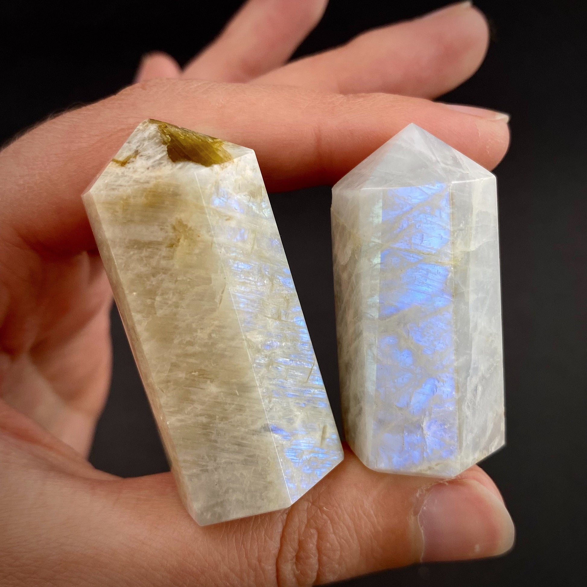 Moonstone Point, white moonstone tower, crystal point, blue moonstone, moonstone crystal