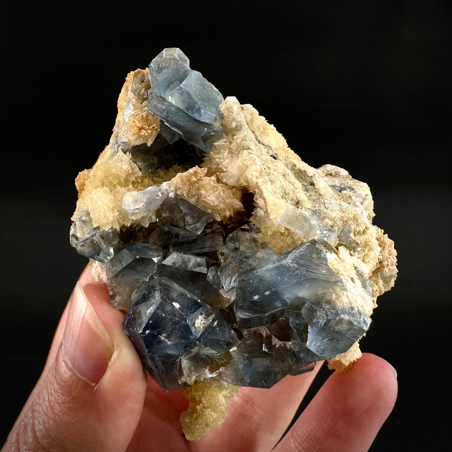 Blue Celestite on Calcite (Afghanistan), terminated celestite cluster, dark blue celestite, mineral specimen, natural celestite