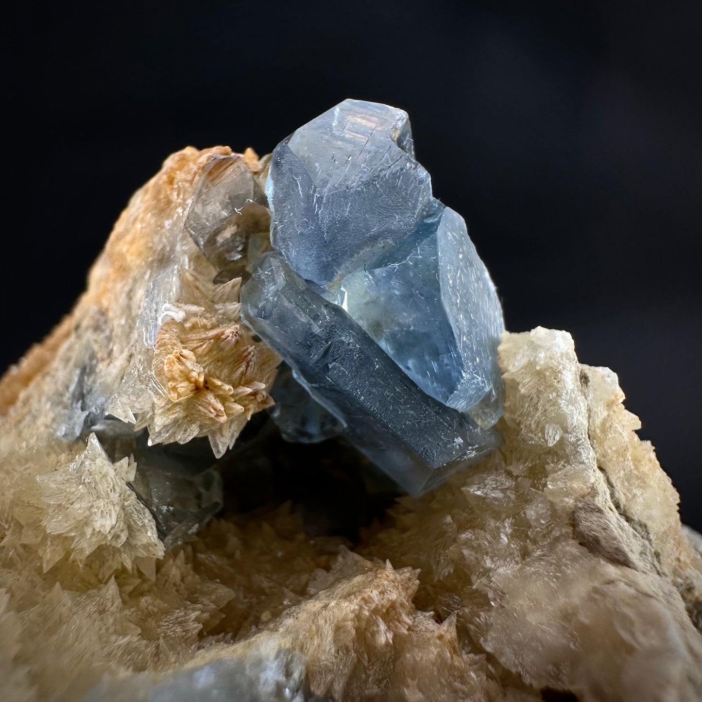 Blue Celestite on Calcite (Afghanistan), terminated celestite cluster, dark blue celestite, mineral specimen, natural celestite