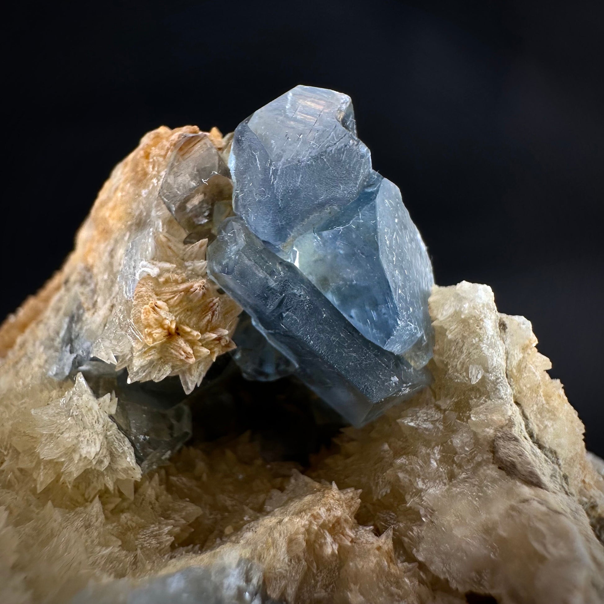 Blue Celestite on Calcite (Afghanistan), terminated celestite cluster, dark blue celestite, mineral specimen, natural celestite