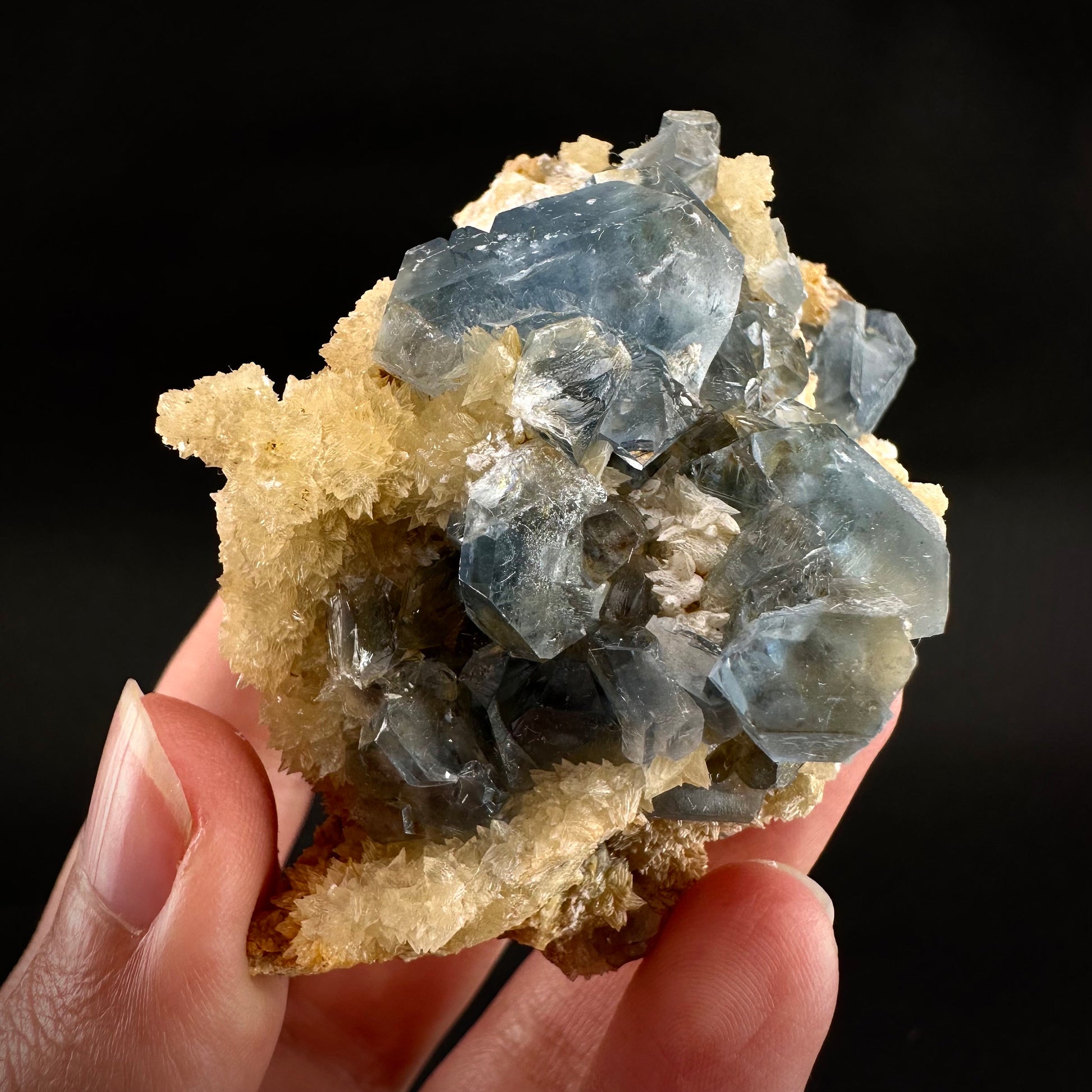 Blue Celestite on Calcite (Afghanistan), terminated celestite cluster, dark blue celestite, mineral specimen, natural celestite