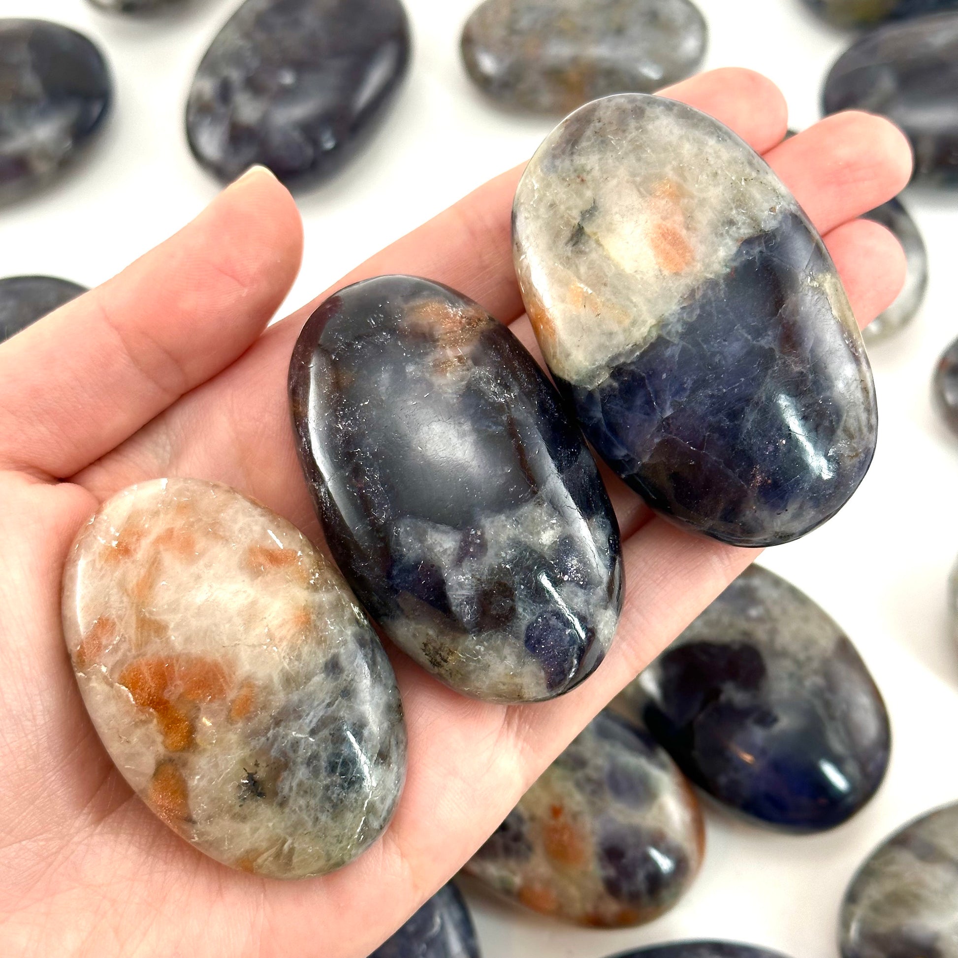 Iolite Sunstone Palm Stone, iolite sunstone palmstone, pocket stone, worry stone, cordierite, water sapphire, sunstone