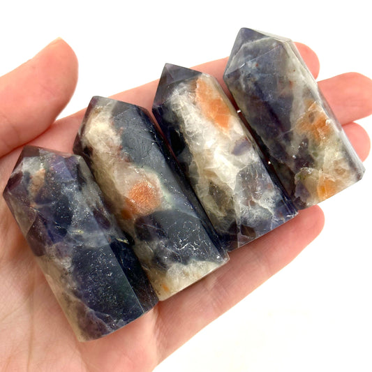 Iolite Sunstone Point, orange sunstone & iolite point, iolite sunstone tower, crystal point, sunstone crystal, crystal tower