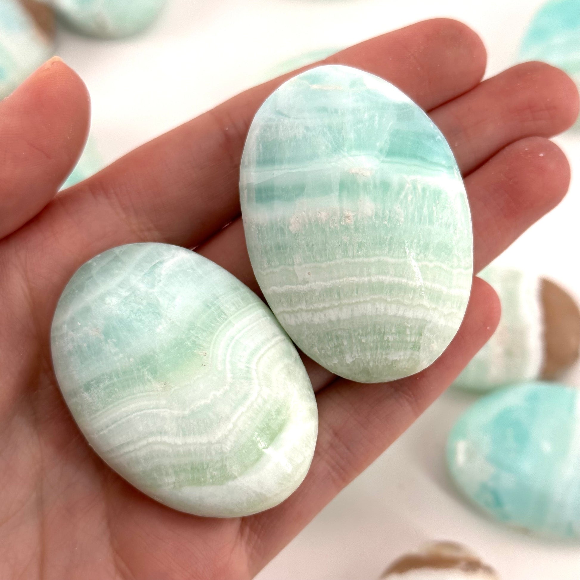 Carribean Blue Calcite Palm Stone, blue calcite, carribean calcite palmstone, palm stone, worry stone