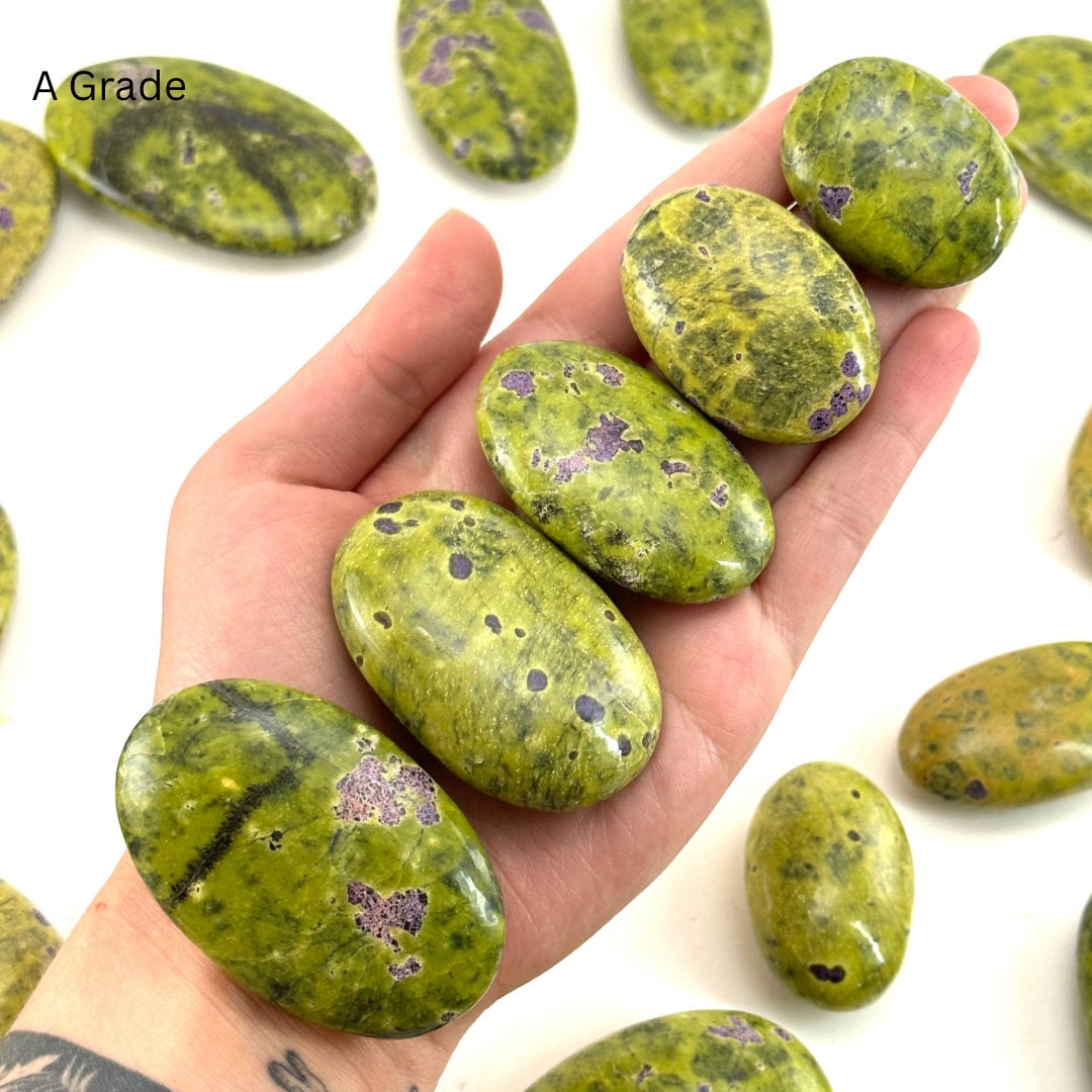 Rare! Atlantisite Palm Stone | Atlantisite palmstone, worry stone, atlantisite crystal, polished stichtite in serpentine, rare crystals