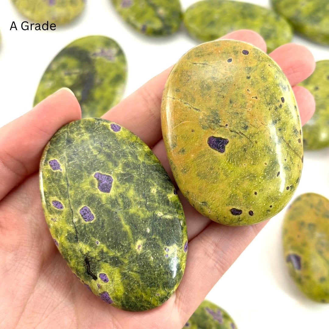 Rare! Atlantisite Palm Stone | Atlantisite palmstone, worry stone, atlantisite crystal, polished stichtite in serpentine, rare crystals