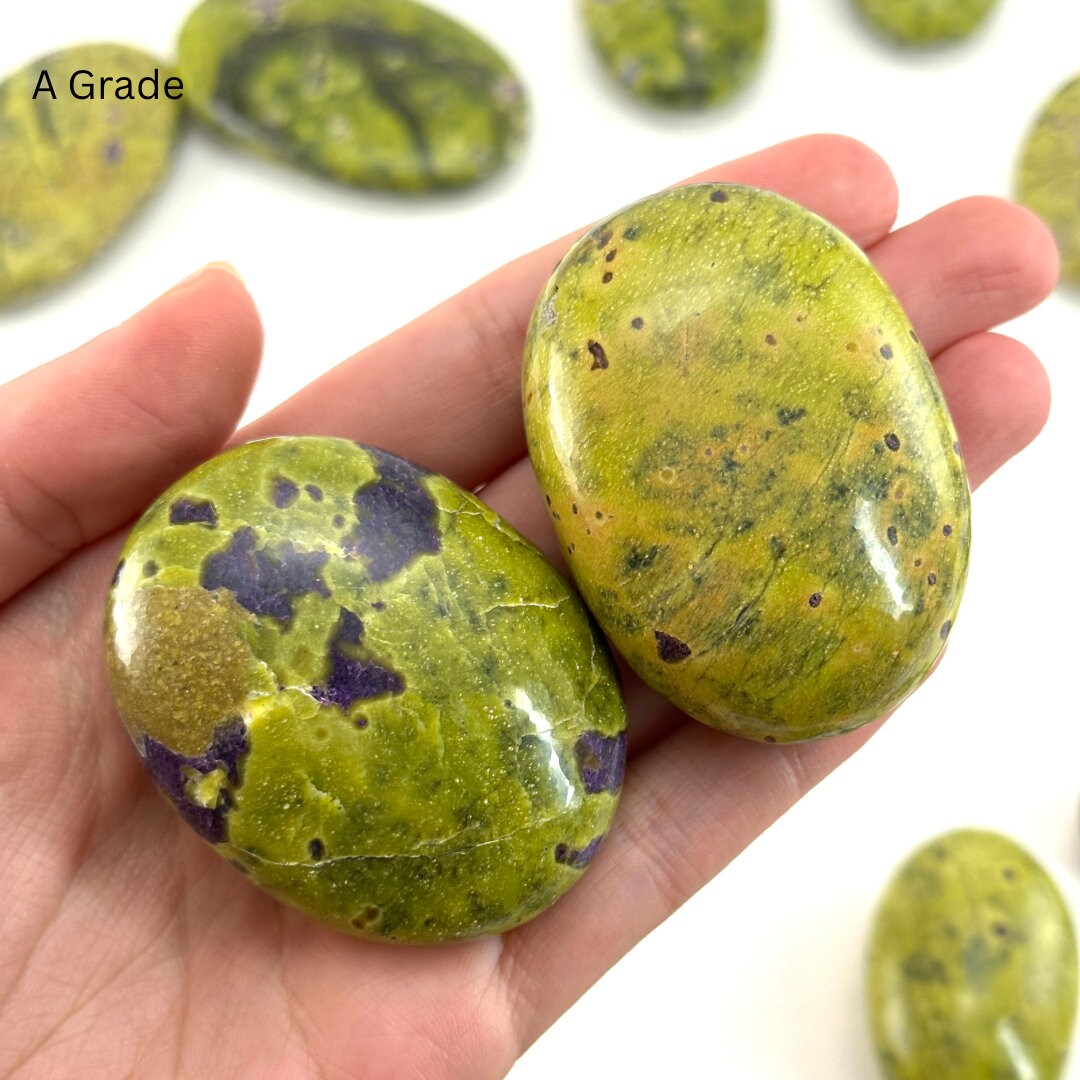 Rare! Atlantisite Palm Stone | Atlantisite palmstone, worry stone, atlantisite crystal, polished stichtite in serpentine, rare crystals
