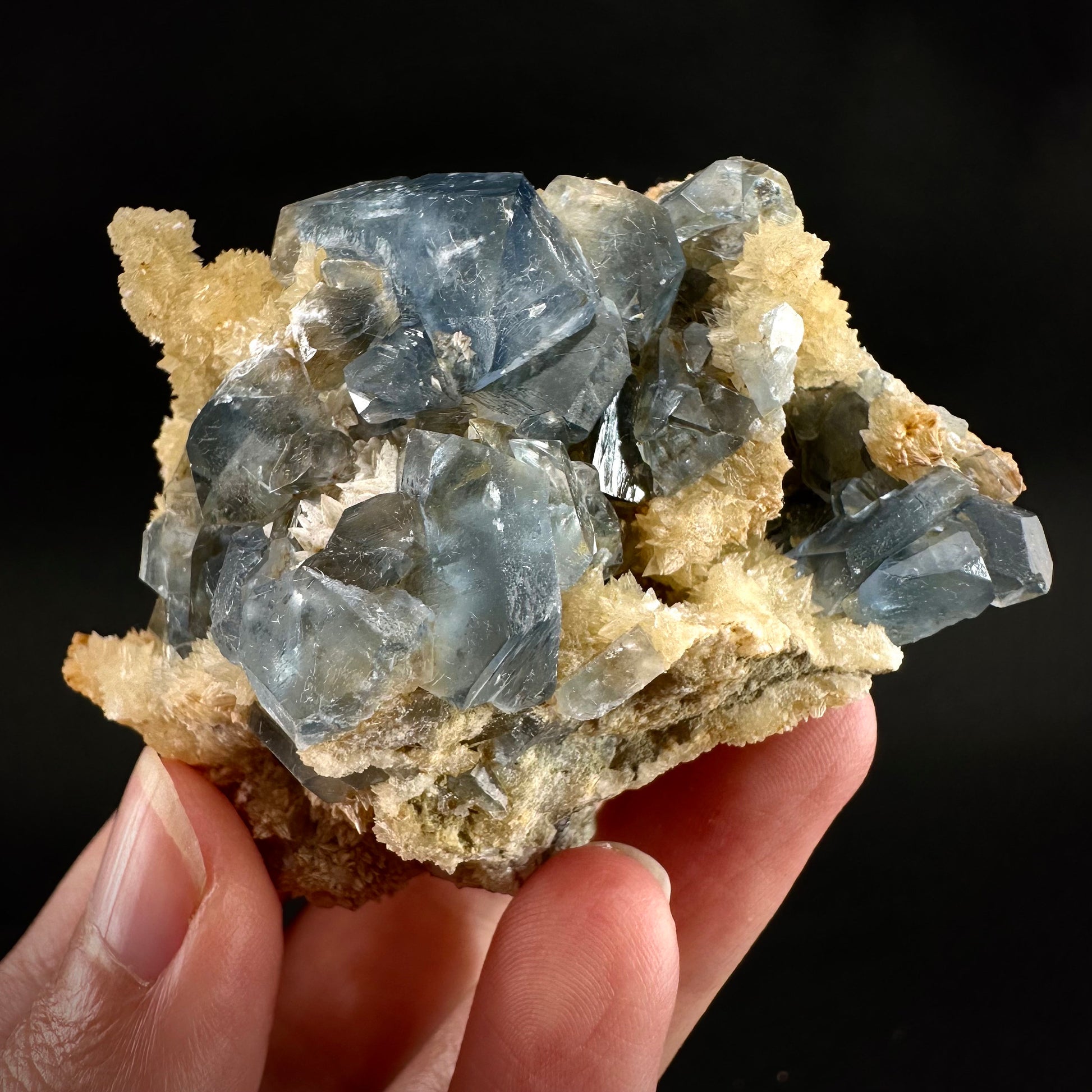 Blue Celestite on Calcite (Afghanistan), terminated celestite cluster, dark blue celestite, mineral specimen, natural celestite