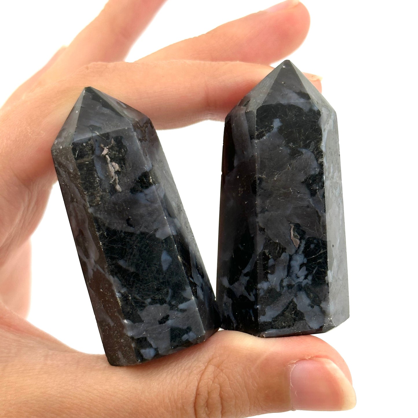 Indigo Gabbro Point, Gabbro tower, crystal point, merlinite crystal, indigo gabbro, merlinite