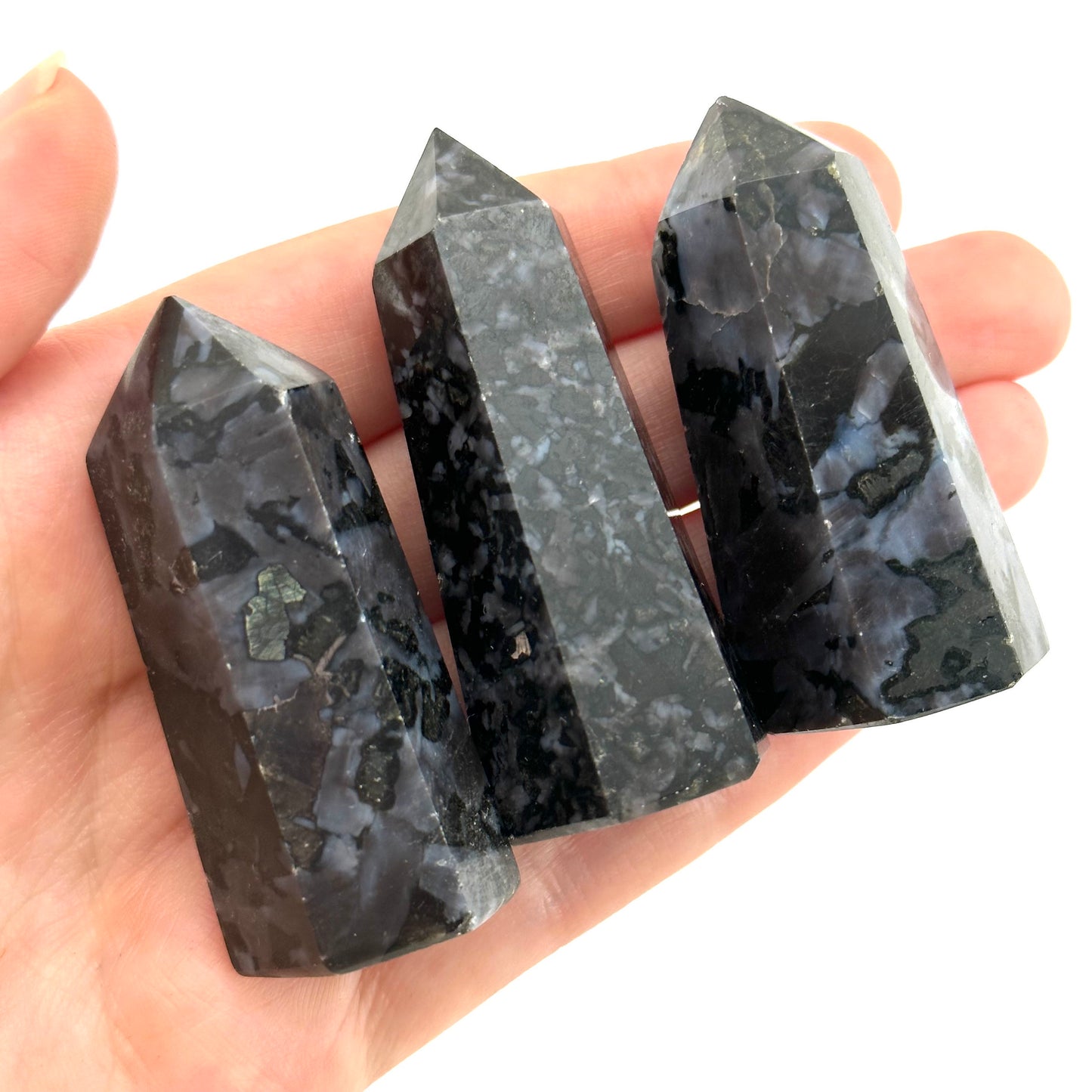 Indigo Gabbro Point, Gabbro tower, crystal point, merlinite crystal, indigo gabbro, merlinite