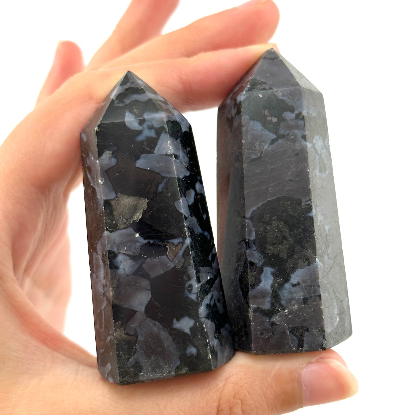 Indigo Gabbro Point, Gabbro tower, crystal point, merlinite crystal, indigo gabbro, merlinite