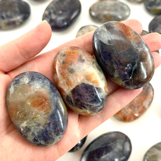 Iolite Sunstone Palm Stone, iolite sunstone palmstone, pocket stone, worry stone, cordierite, water sapphire, sunstone