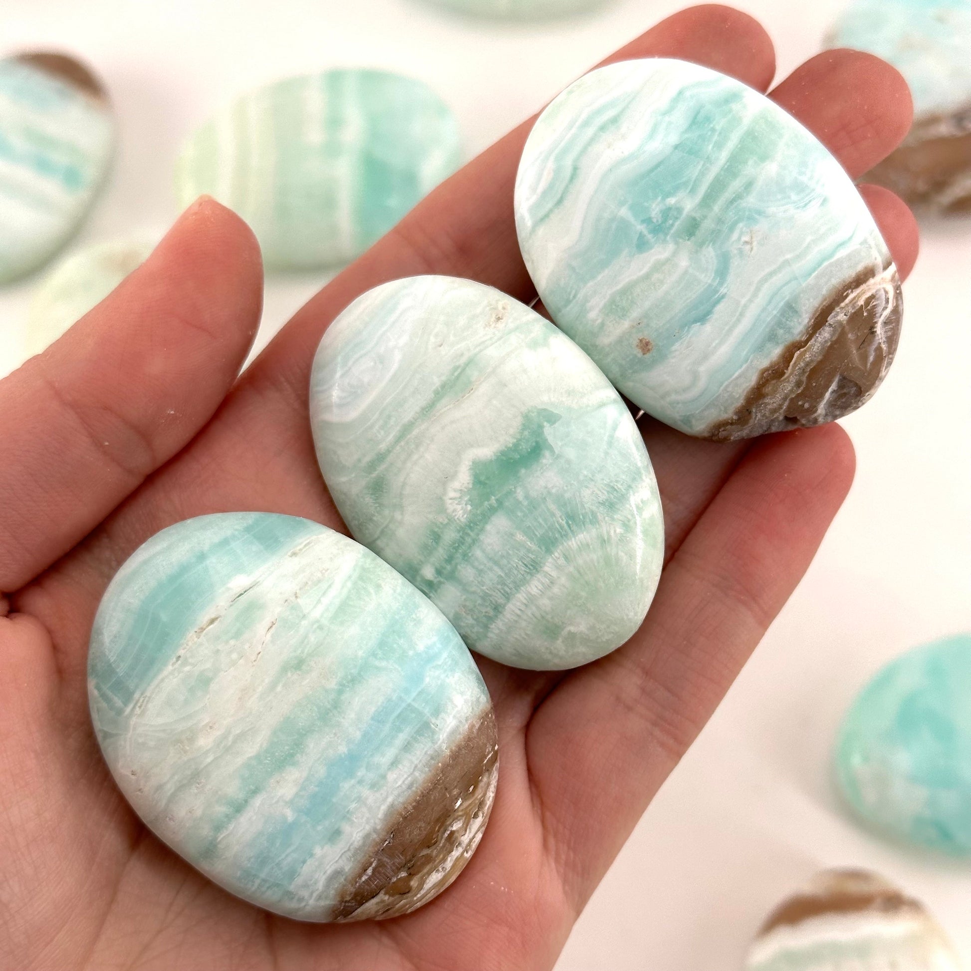 Carribean Blue Calcite Palm Stone, blue calcite, carribean calcite palmstone, palm stone, worry stone
