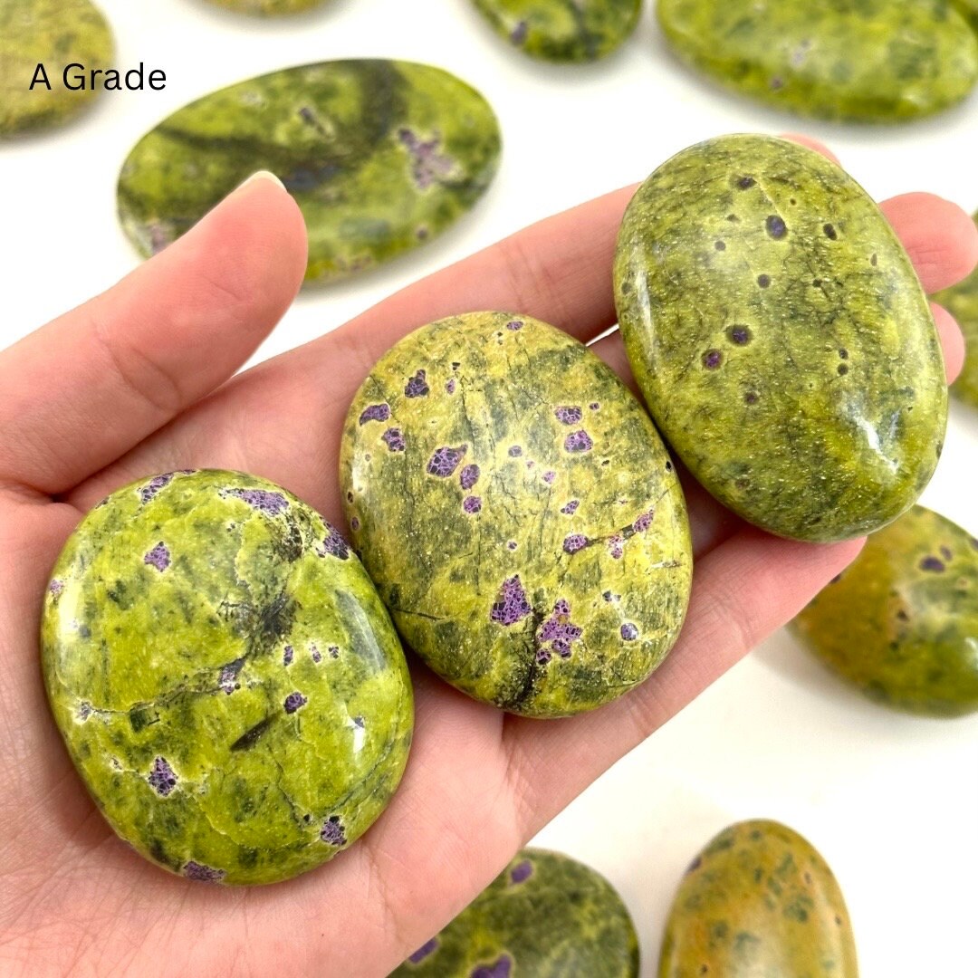 Rare! Atlantisite Palm Stone | Atlantisite palmstone, worry stone, atlantisite crystal, polished stichtite in serpentine, rare crystals