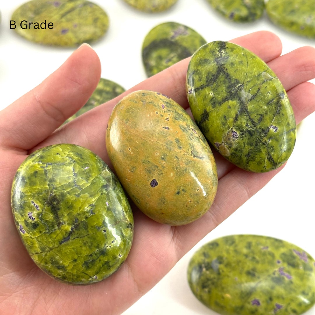 Rare! Atlantisite Palm Stone | Atlantisite palmstone, worry stone, atlantisite crystal, polished stichtite in serpentine, rare crystals