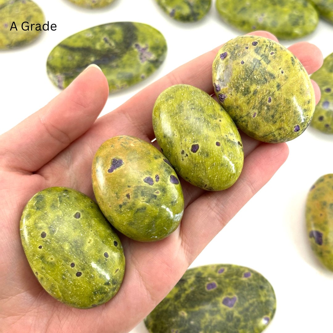 Rare! Atlantisite Palm Stone | Atlantisite palmstone, worry stone, atlantisite crystal, polished stichtite in serpentine, rare crystals