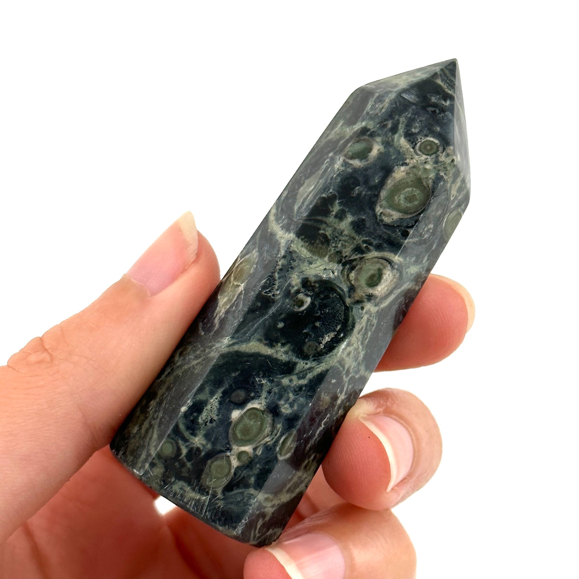 Kambaba Jasper Point, kambaba jasper tower, crystal point, green crystal, crystal tower, kambaba jasper