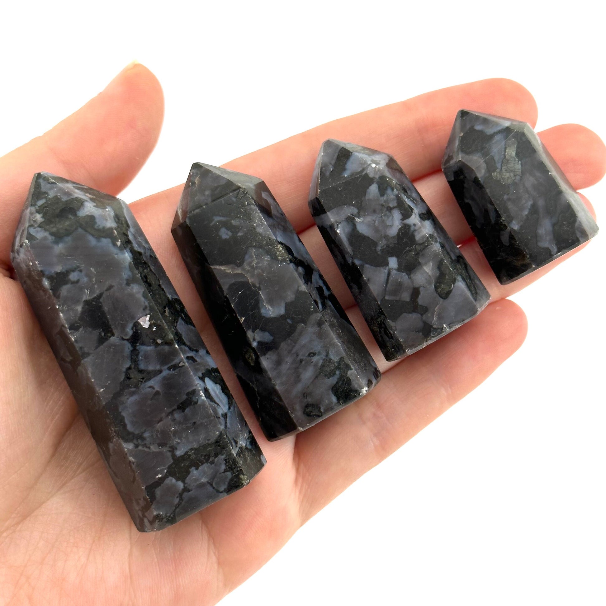 Indigo Gabbro Point, Gabbro tower, crystal point, merlinite crystal, indigo gabbro, merlinite