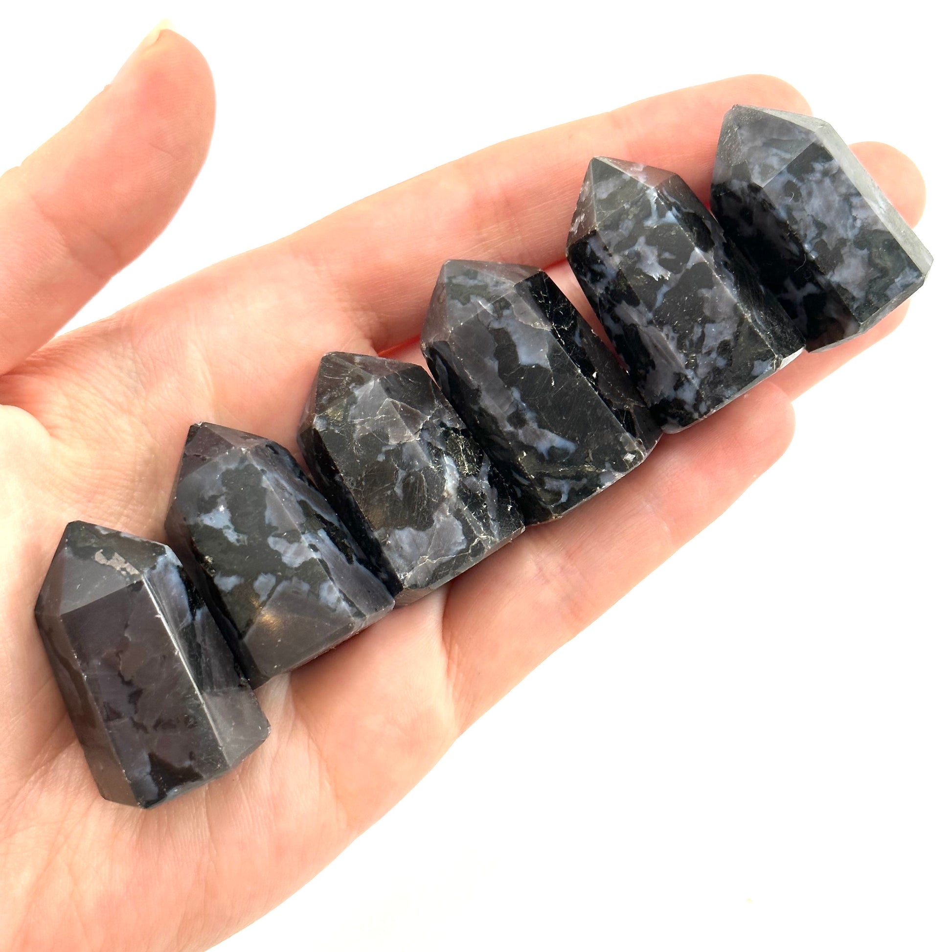 Indigo Gabbro Point, Gabbro tower, crystal point, merlinite crystal, indigo gabbro, merlinite