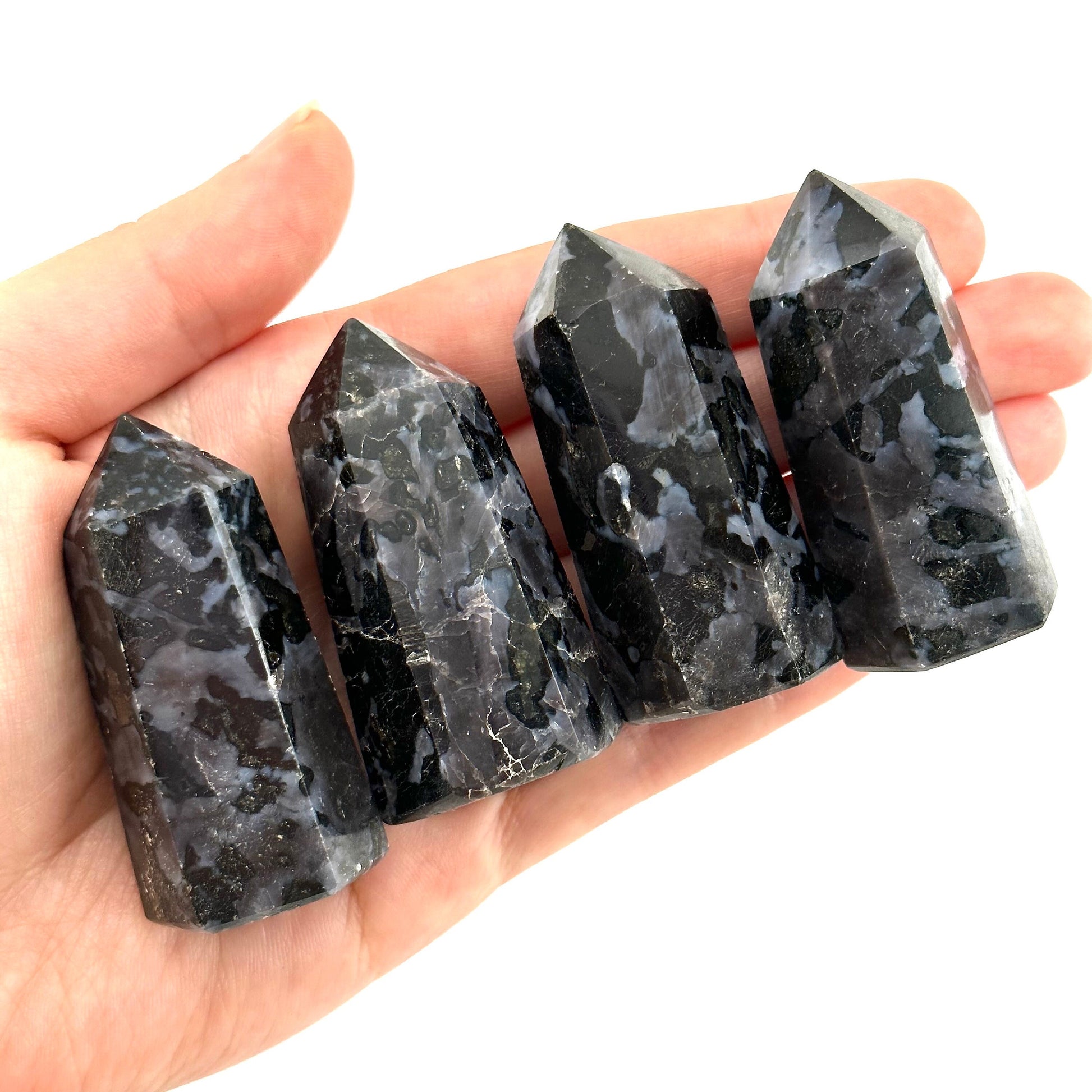 Indigo Gabbro Point, Gabbro tower, crystal point, merlinite crystal, indigo gabbro, merlinite