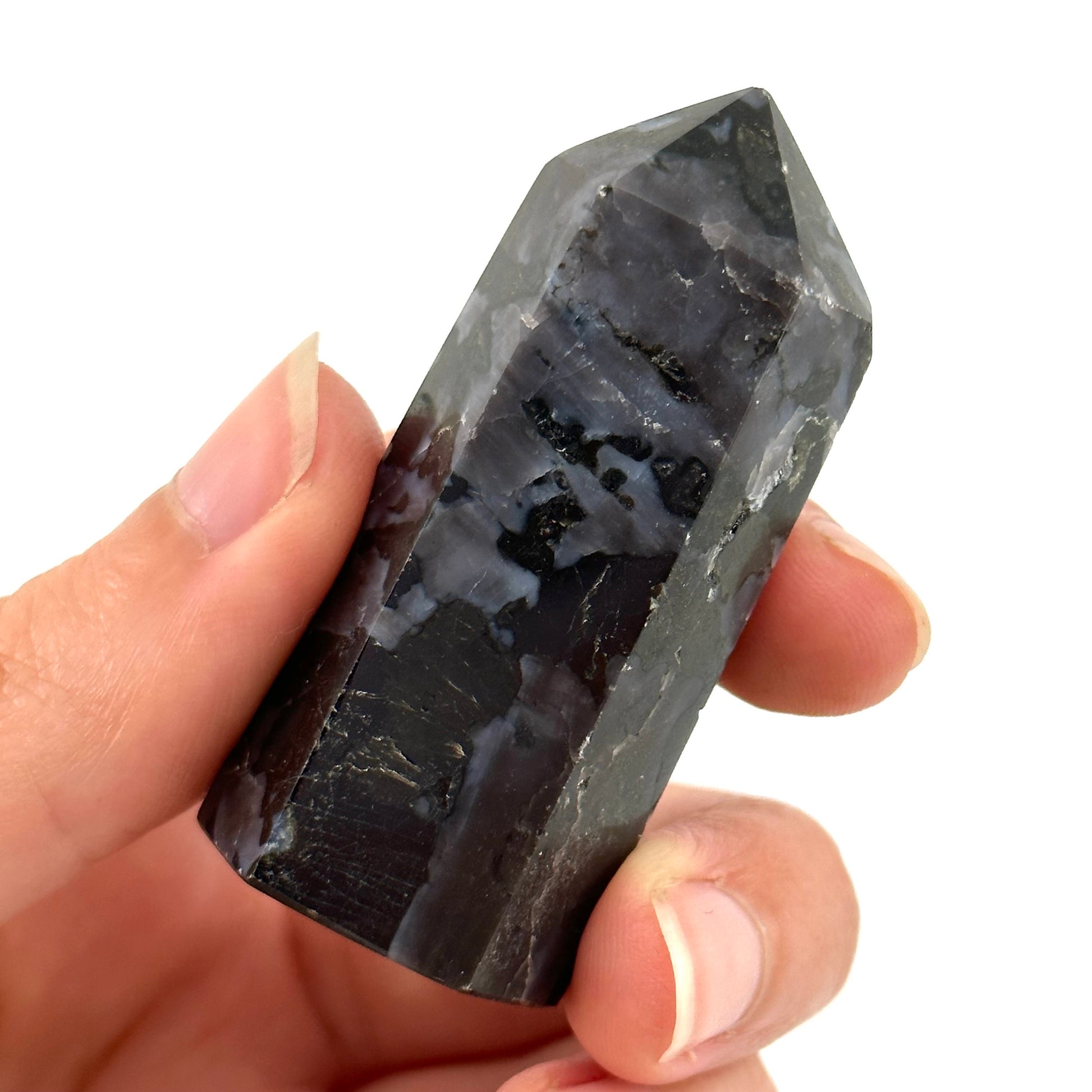 Indigo Gabbro Point, Gabbro tower, crystal point, merlinite crystal, indigo gabbro, merlinite