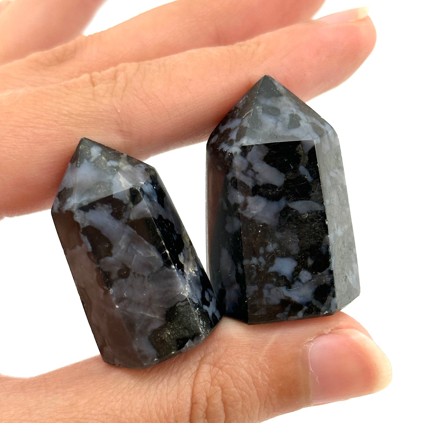 Indigo Gabbro Point, Gabbro tower, crystal point, merlinite crystal, indigo gabbro, merlinite