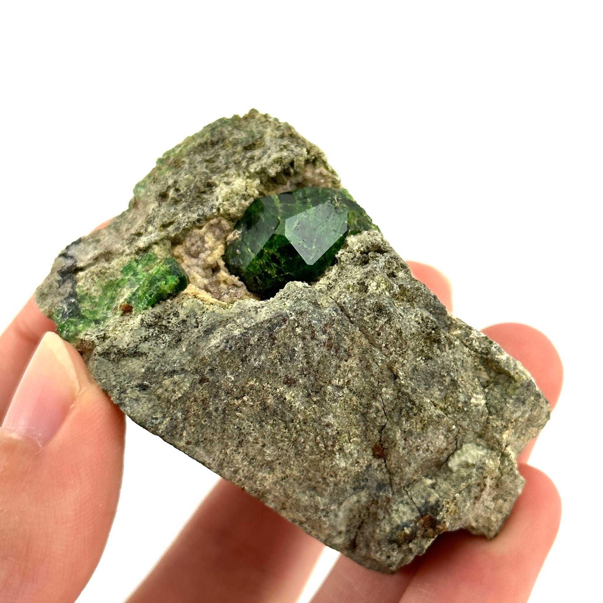 Demantoid Garnet on Matrix (BeIqeys Mountain) | green garnet, rare minerals, demantoid garnet crystal, mineral specimen