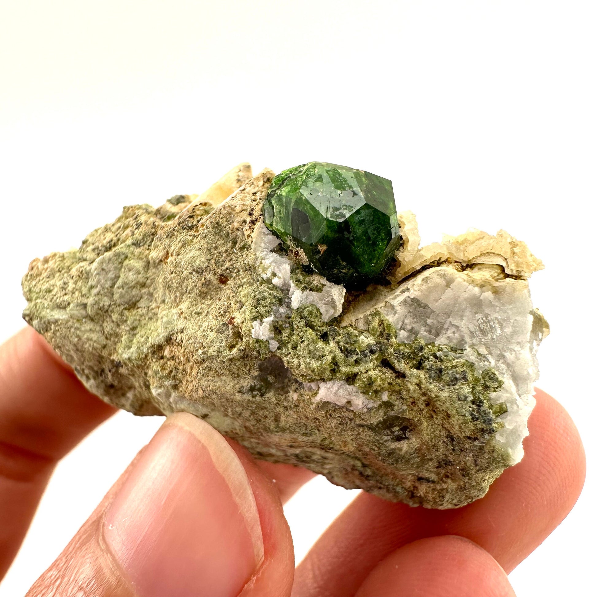 Demantoid Garnet on Matrix (BeIqeys Mountain) | green garnet, rare minerals, demantoid garnet crystal, mineral specimen