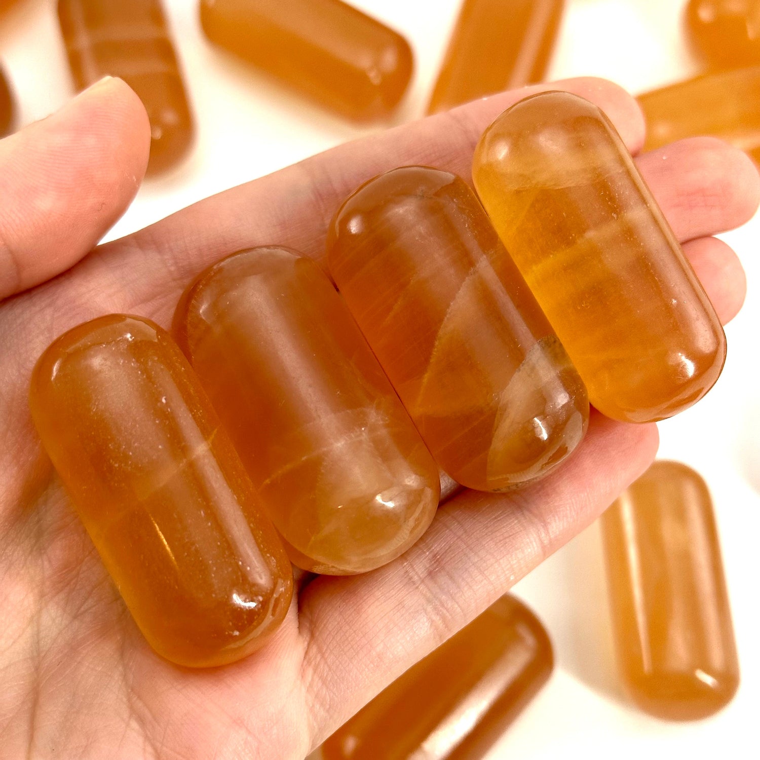 ONE Polished Honey Calcite, natural orange calcite, polished honey calcite, orange calcite tumble, honey calcite crystal, tumbled stones