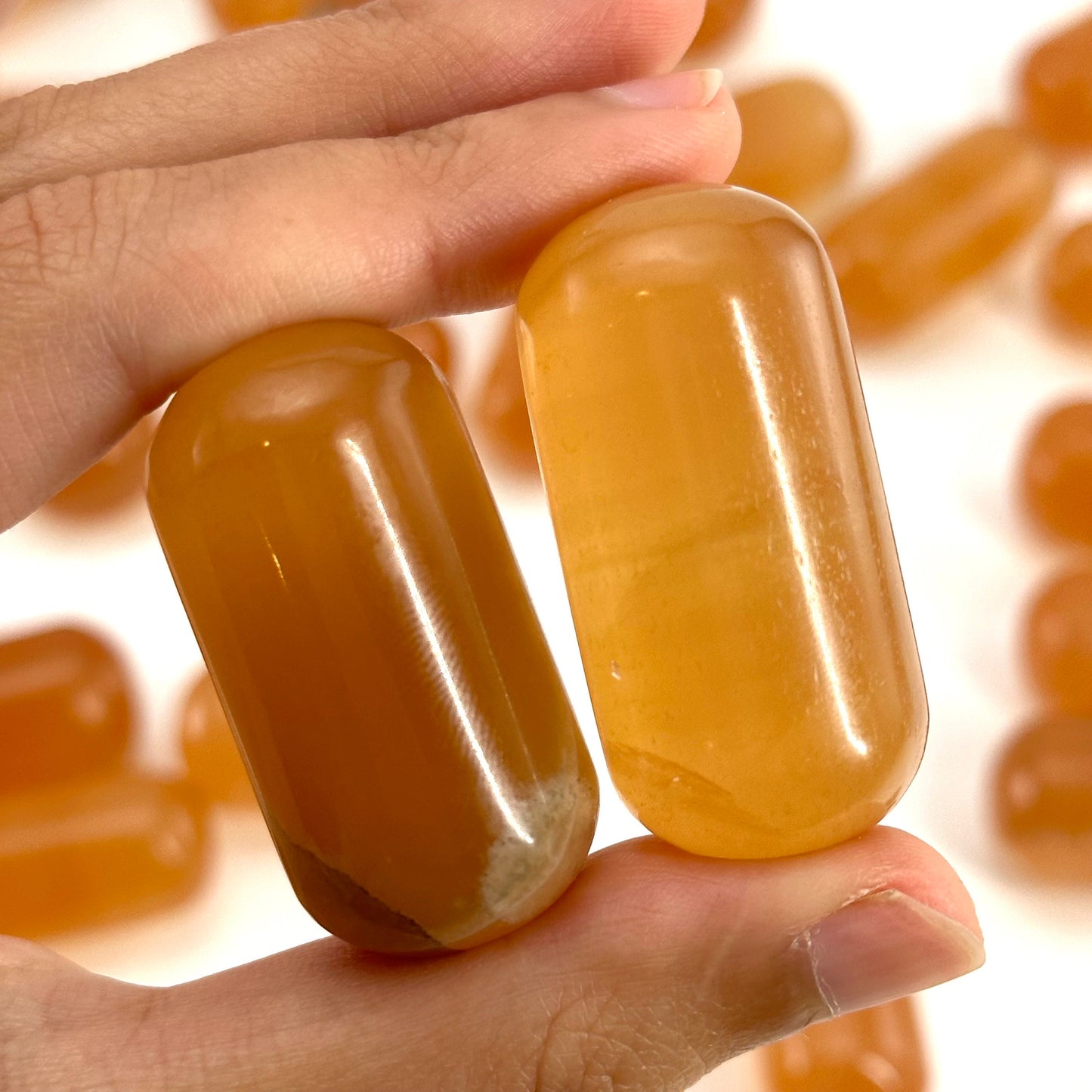 ONE Polished Honey Calcite, natural orange calcite, polished honey calcite, orange calcite tumble, honey calcite crystal, tumbled stones
