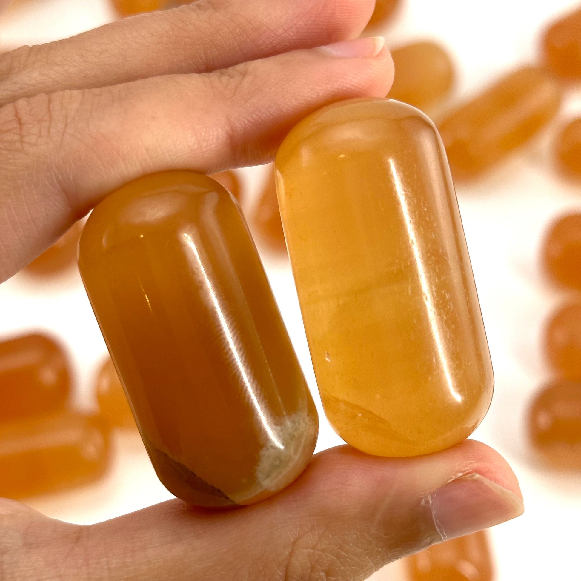 ONE Polished Honey Calcite, natural orange calcite, polished honey calcite, orange calcite tumble, honey calcite crystal, tumbled stones