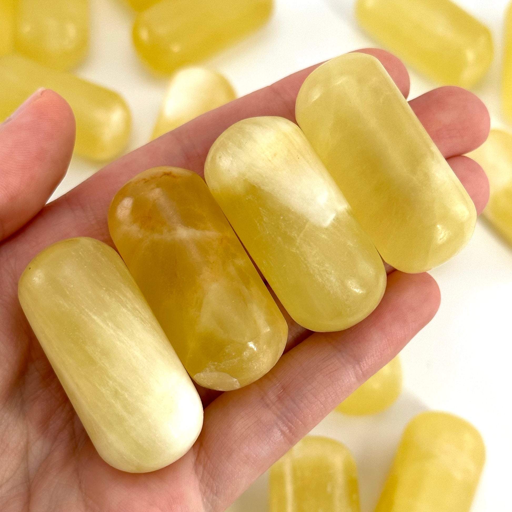 ONE Polished Lemon Calcite, natural yellow calcite, polished lemon calcite, yellow calcite tumble, yellow calcite crystal, tumbled stones