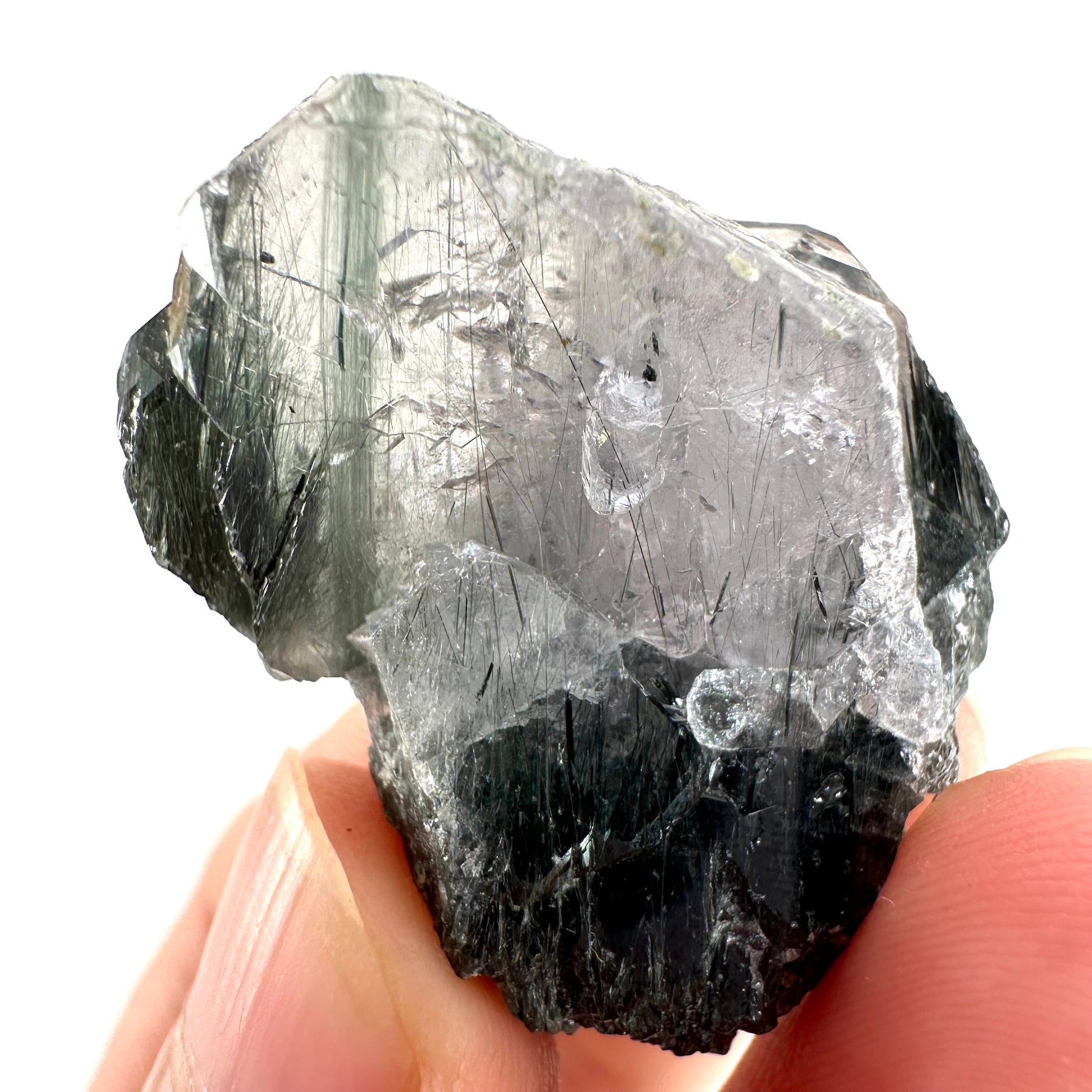 Fluorapatite with Actinolite Inclusions (Pakistan), natural green apatite, terminated apatite crystal, mineral specimen, rare gems