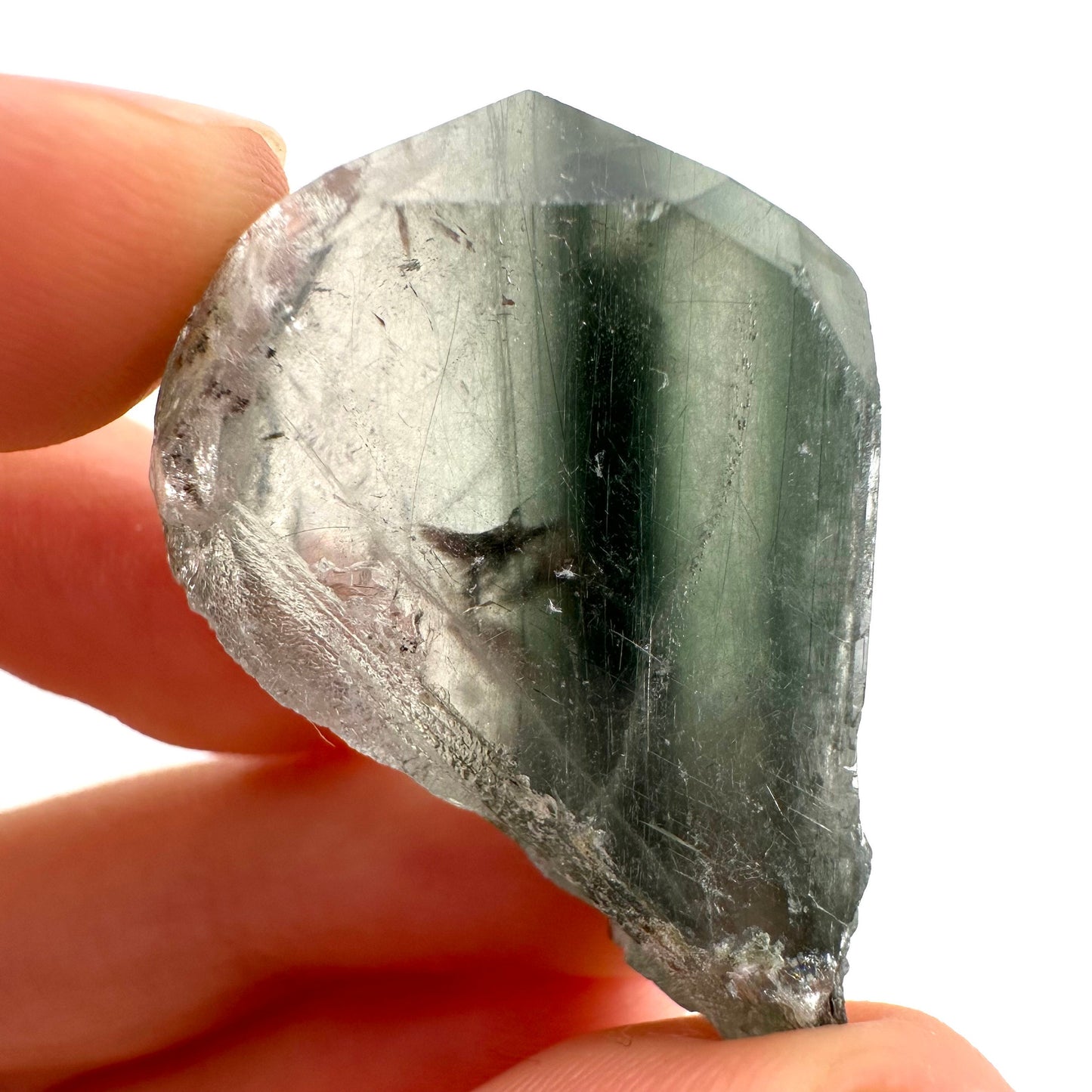 Fluorapatite with Actinolite Inclusions (Pakistan), natural green apatite, terminated apatite crystal, mineral specimen, rare gems