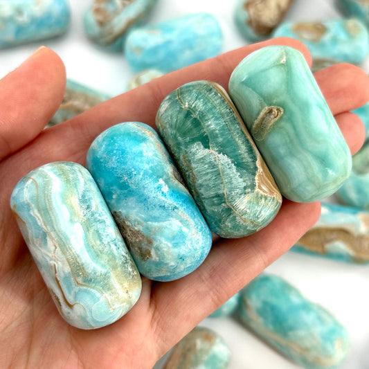 ONE Polished Blue Aragonite, natural blue aragonite, polished aragonite, blue crystal tumble, blue aragonite crystal, tumbled stones