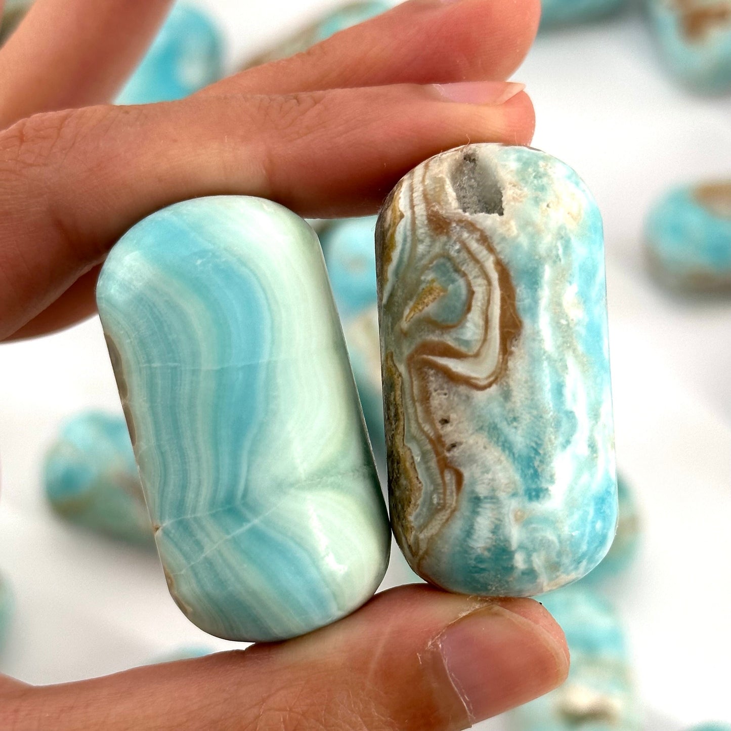 ONE Polished Blue Aragonite, natural blue aragonite, polished aragonite, blue crystal tumble, blue aragonite crystal, tumbled stones