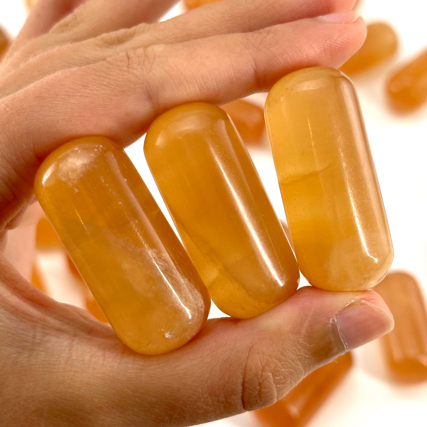 ONE Polished Honey Calcite, natural orange calcite, polished honey calcite, orange calcite tumble, honey calcite crystal, tumbled stones