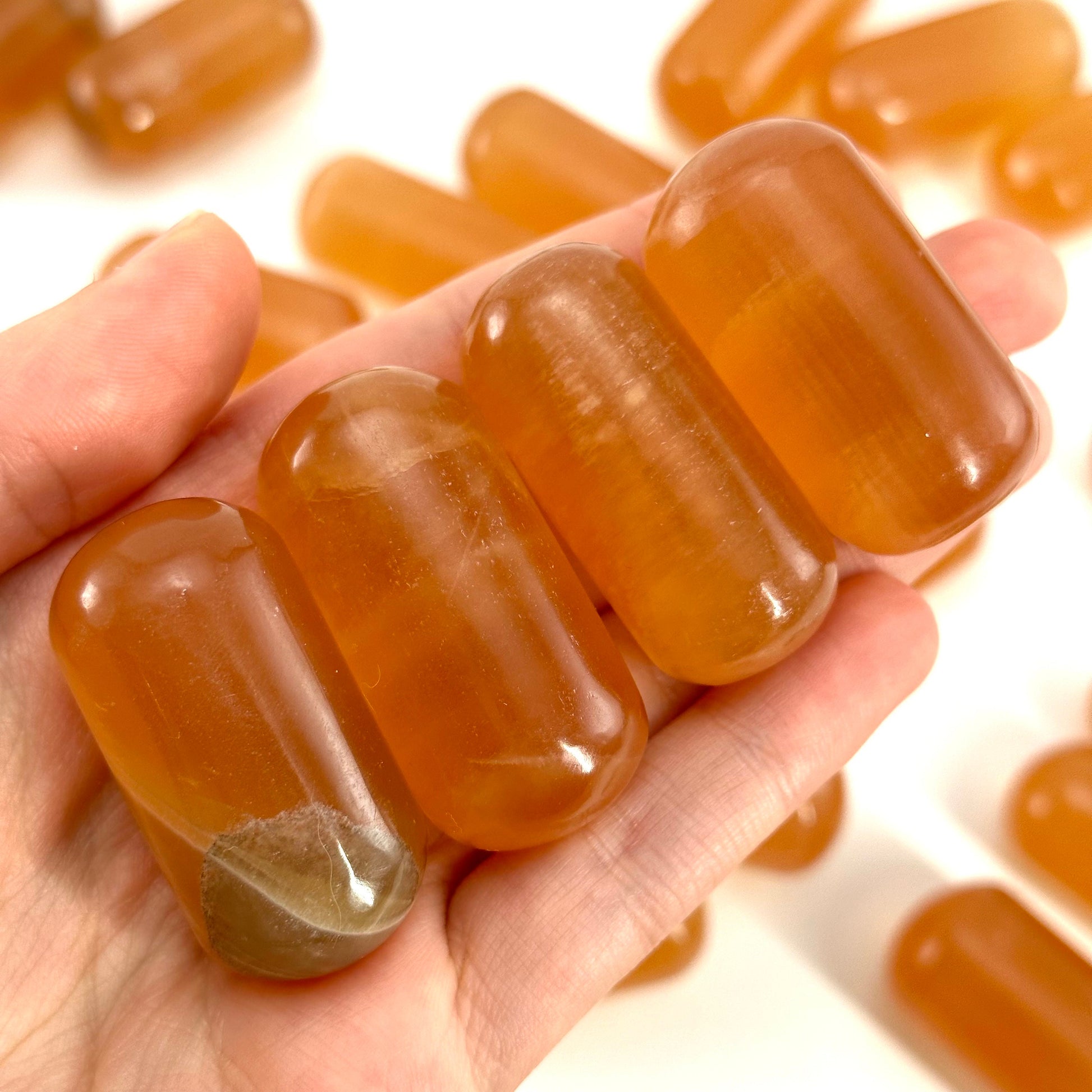 ONE Polished Honey Calcite, natural orange calcite, polished honey calcite, orange calcite tumble, honey calcite crystal, tumbled stones