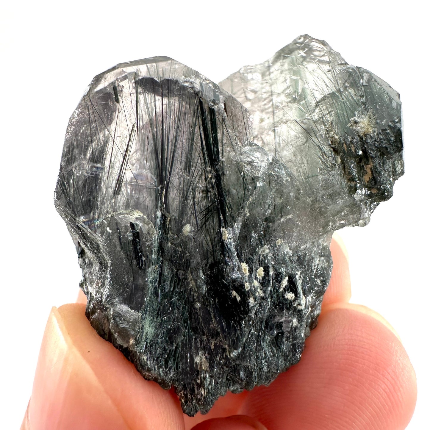 Fluorapatite with Actinolite Inclusions (Pakistan), natural green apatite, terminated apatite crystal, mineral specimen, rare gems