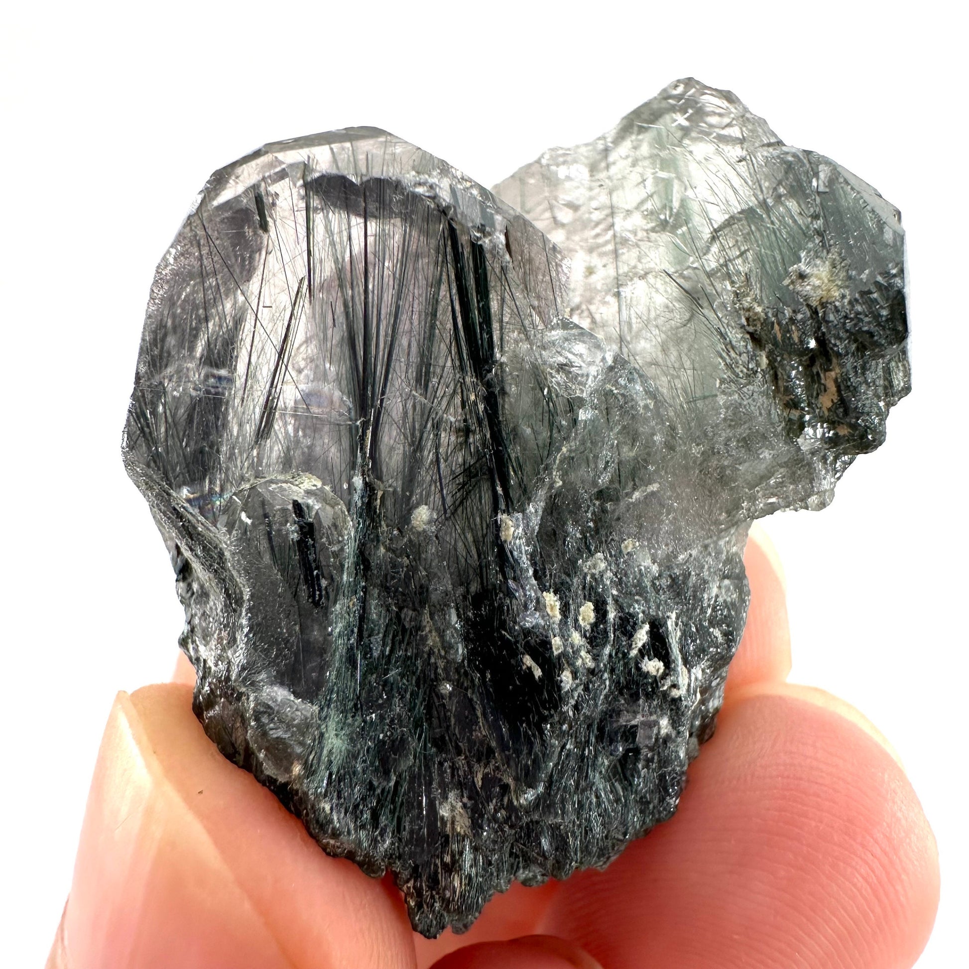Fluorapatite with Actinolite Inclusions (Pakistan), natural green apatite, terminated apatite crystal, mineral specimen, rare gems