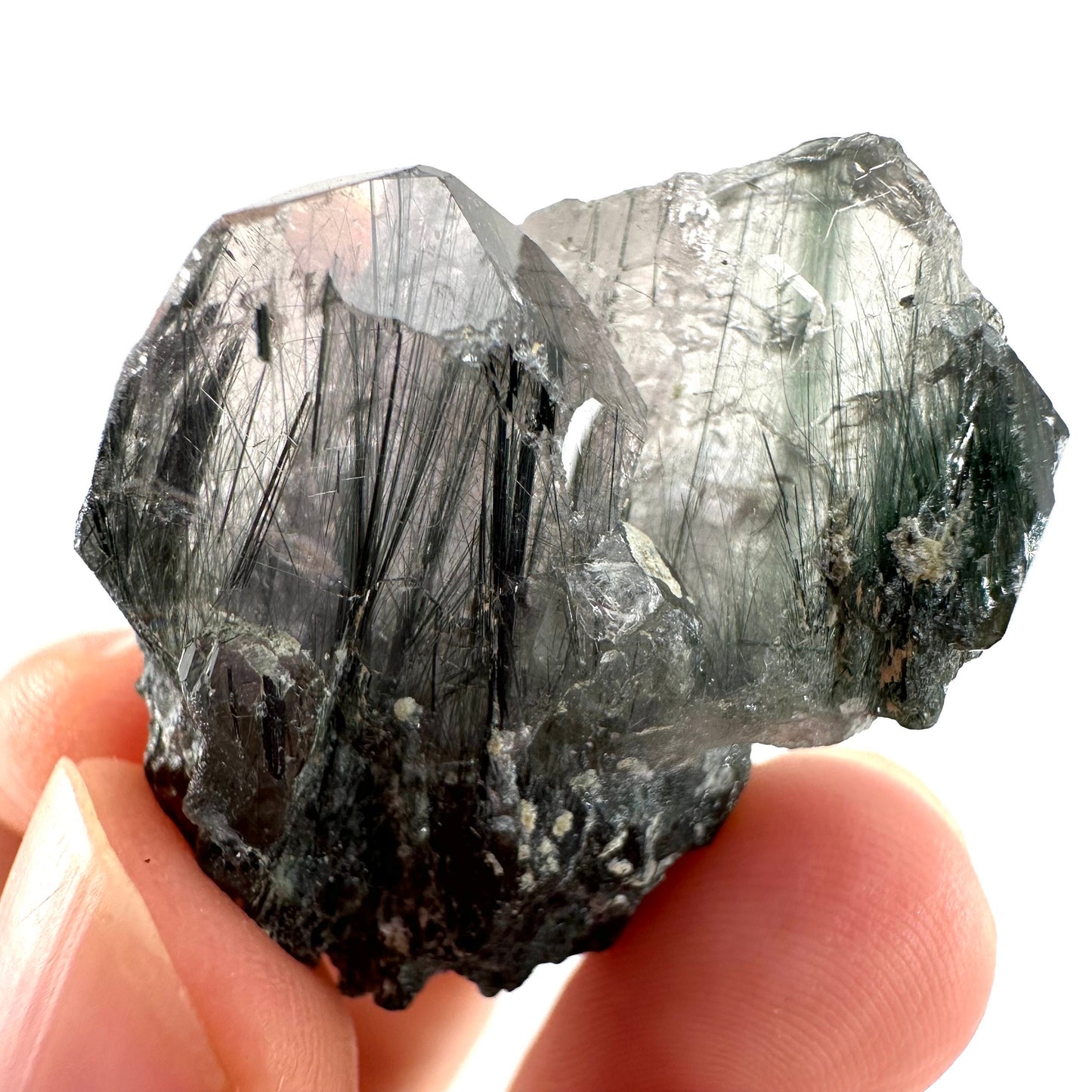Fluorapatite with Actinolite Inclusions (Pakistan), natural green apatite, terminated apatite crystal, mineral specimen, rare gems
