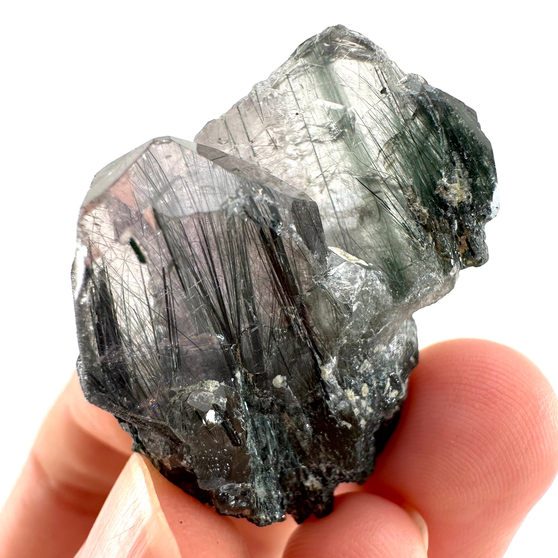 Fluorapatite with Actinolite Inclusions (Pakistan), natural green apatite, terminated apatite crystal, mineral specimen, rare gems